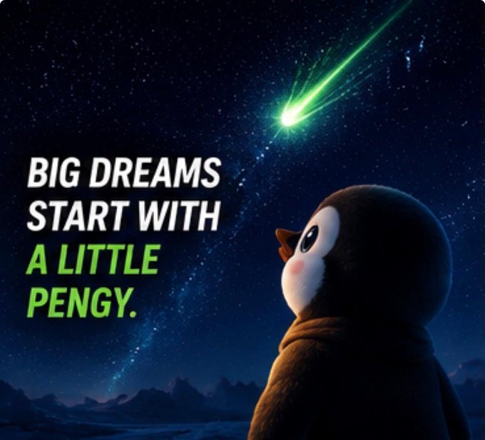 A promotional image featuring a cartoon penguin looking up at a green shooting star in the night sky, with the text 'BIG DREAMS START WITH A LITTLE PENGY.'