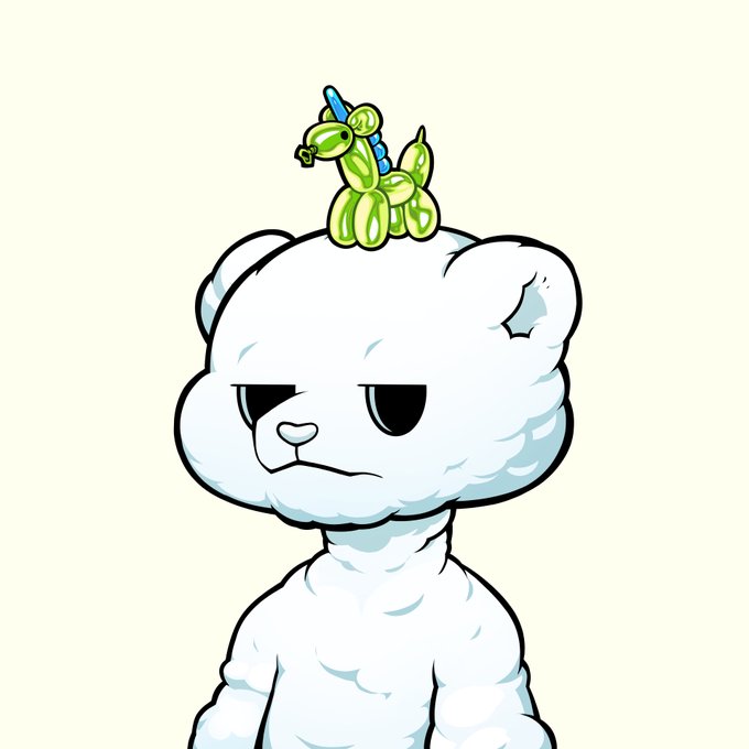 An illustration of a white teddy bear character with an unamused expression, featuring a green balloon animal on its head.