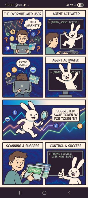 The image features a cartoon strip with various scenes depicting different activities related to an AI terminal running strategies on a user's behalf while they maintain control over their keys. The first scene shows a man using a laptop, while the second scene depicts him interacting with a rabbit character. The third scene is about a rabbit trying to access information from a computer screen and the fourth scene involves the rabbit giving a thumbs up. The post also mentions that the AI terminal is open source and focused on strategy execution, which adds context to the cartoon strip's content.