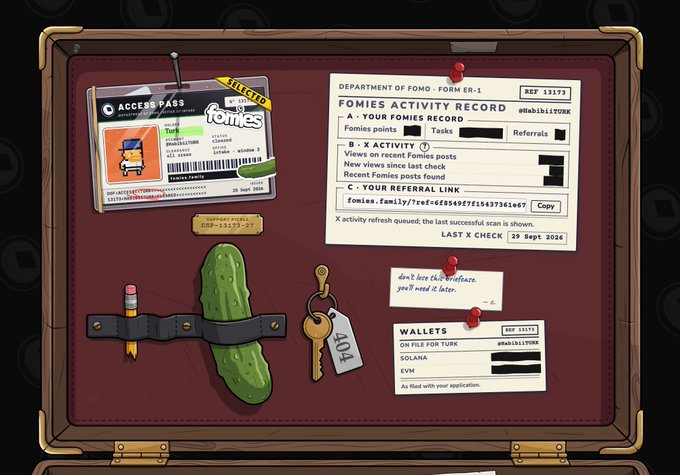 A pixel art illustration depicts a wooden briefcase corkboard displaying a 'FOMIES' access pass, a 'FOMIES ACTIVITY RECORD' form, and a wallet list noting 'ON FILE FOR TURK SOLANA EVM', with a pickle and a key tagged '404' attached to the board.