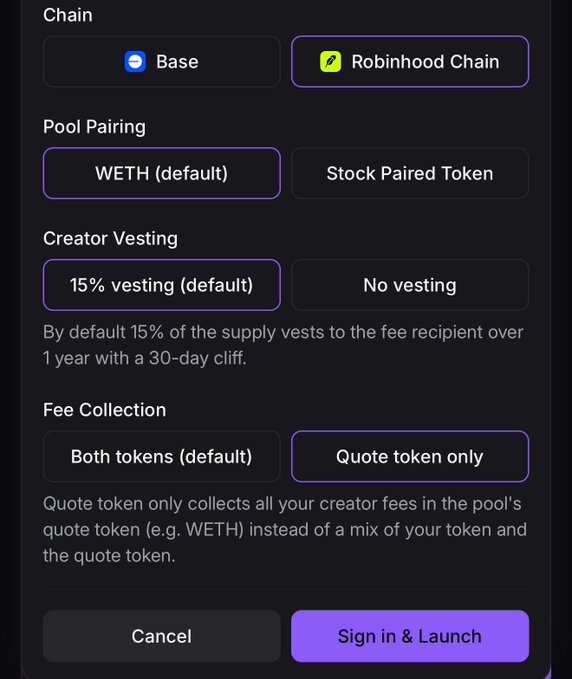 The image shows a token launch settings menu on bankr.bot with options for Chain (Base or Robinhood Chain), Pool Pairing (WETH or Stock Paired Token), Creator Vesting (15% vesting default or No vesting), and Fee Collection (Both tokens default or Quote token only), with the new "Quote token only" option highlighted. This illustrates the new feature mentioned in the post, which allows creators to collect all fees in the pool's quote token (e.g., WETH) rather than a mix of their token and the quote token.