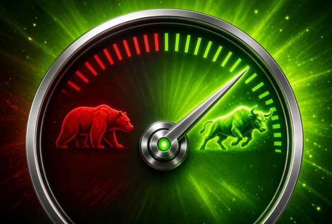 A stock market gauge dial showing a red bear on the left and a green bull on the right, with the needle pointing toward the bullish green side, symbolizing market sentiment.