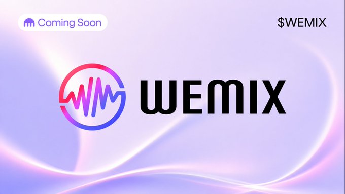 A promotional graphic announcing the upcoming listing of $WEMIX on Kraken, featuring the WEMIX logo with its distinctive circular purple and pink design alongside "Coming Soon" and "$WEMIX" text against a soft pastel background.