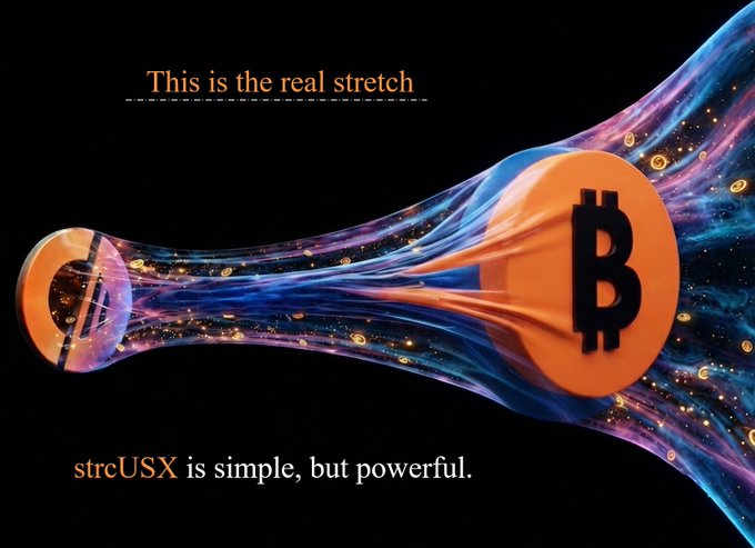 A cryptocurrency promotional graphic with the tagline "This is the real stretch" showing two orange coin-like objects connected by colorful flowing streams, with text reading "strcUSX is simple, but powerful" against a black background.