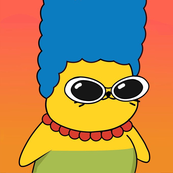 A cartoon yellow character resembling Marge Simpson with tall blue hair, large black sunglasses, a red beaded necklace, and a green top against an orange background.