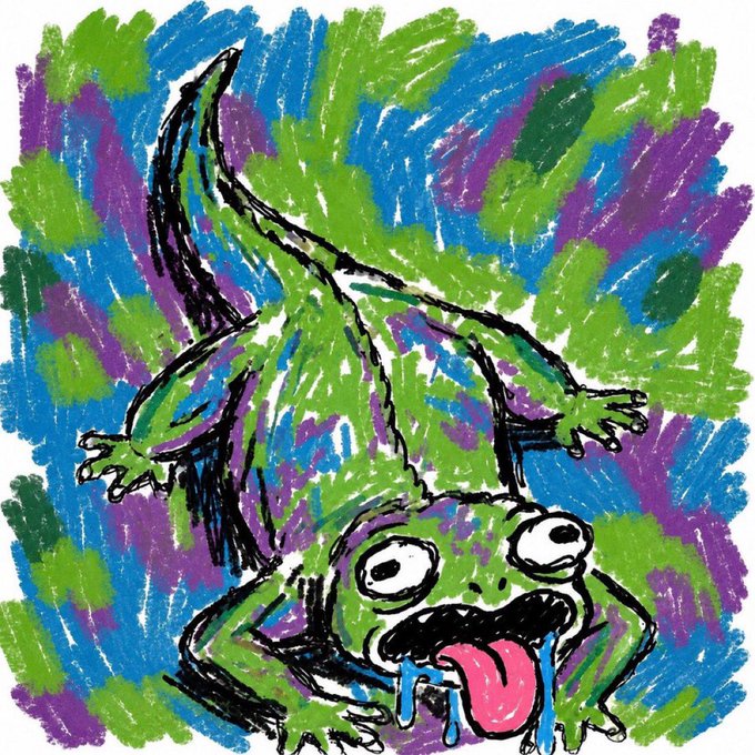 A crudely drawn, cartoonish green lizard with wide, crazed eyes, drool, and a lolling tongue is rendered in a chaotic mix of green, blue, and purple crayon-like scribbles. The grotesque, frenzied image of the lizard visually plays on the term "Lizards" from the post, humorously depicting what a "$Lazi" token holder might look like.