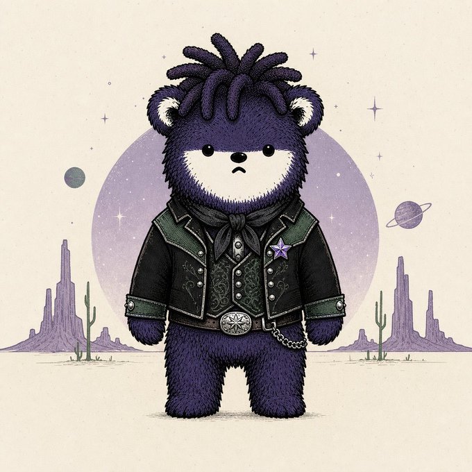 An illustration of a dark purple, fluffy bear-like character with dreadlocks and small horns, wearing an ornate black and green jacket with a star pin and belt buckle, standing in a desert landscape with cacti, planets, and a purple moon.