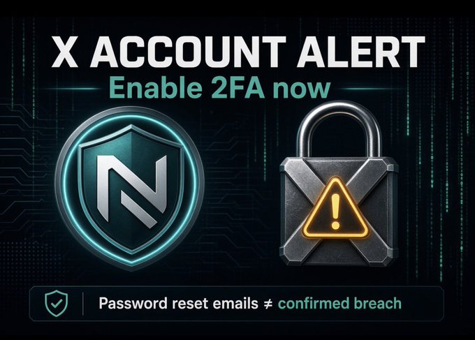 A graphic alert titled 'X ACCOUNT ALERT - Enable 2FA now' featuring a shield logo and padlock icon, warning that 'Password reset emails ≠ confirmed breach'.