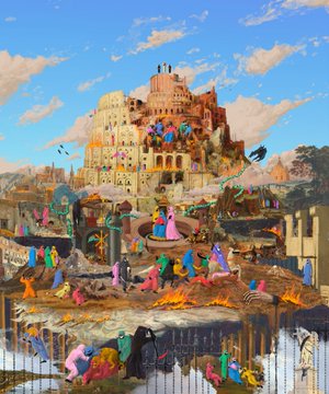 A vibrant, surreal painting depicting a crowded cityscape with figures in colorful robes, a towering building, and figures on a wooden structure in the foreground.