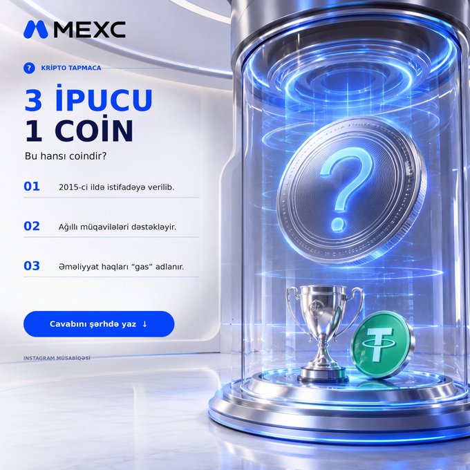 A MEXC crypto-themed graphic featuring a glowing blue question mark coin inside a glass chamber, with Turkish text '3 İPUCU 1 COİN' and clues about a 2015-launched coin that supports smart contracts.