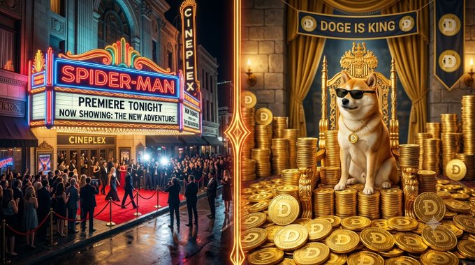 A split illustration shows a crowd outside a 'SPIDER-MAN' theater premiere on the left, and a Shiba Inu dog wearing sunglasses and a gold chain sitting on a pile of Dogecoin coins under a 'DOGE IS KING' banner on the right.