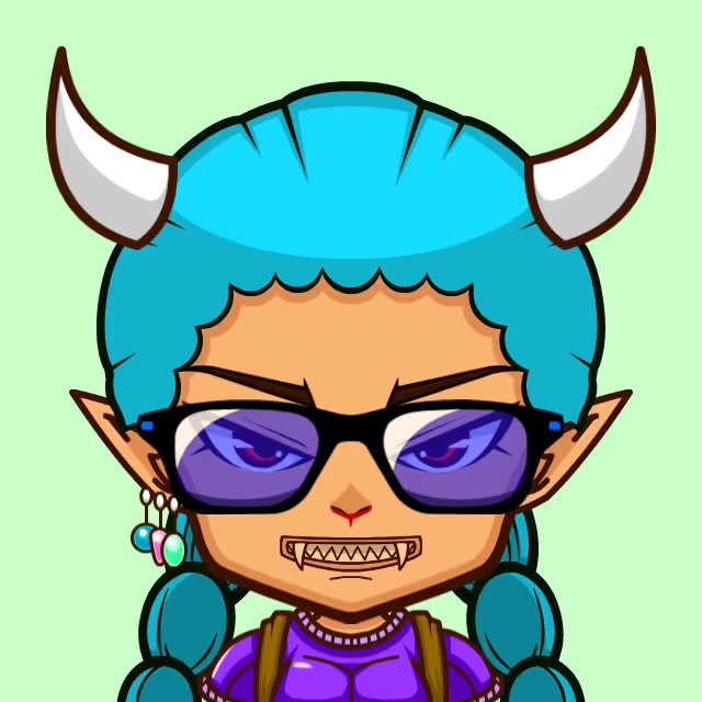 A cartoon illustration of a blue-haired character with horns, pointed ears, sunglasses, fangs, and earrings, set against a light green background, resembling the Vocaloid character Hatsune Miku in a demonic style.