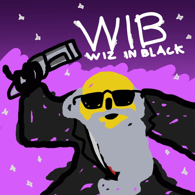 This image depicts "WIB WIZ IN BLACK," a wizard with sunglasses and a long grey beard, holding a stylized weapon against a purple, starry background. It represents "Wizard #182" as part of a daily Bitcoin-themed NFT collection aiming for a 1,000,000 dollar Bitcoin valuation.
