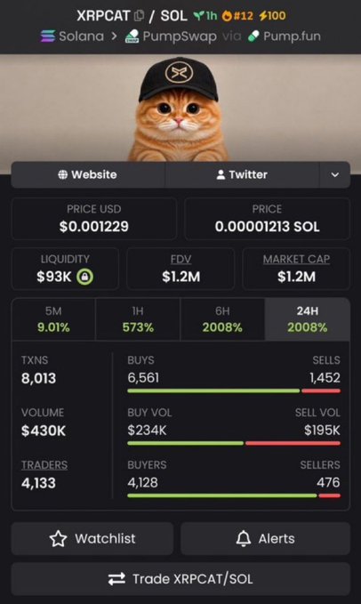 A cryptocurrency trading page for XRPCAT on Solana via PumpSwap/Pump.fun showing a price of $0.001229, market cap of $1.2M, with 24H gain of 2008% and a cat mascot image at the top.
