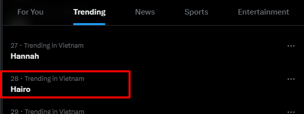 A dark-themed trending feed showing '28 - Trending in Vietnam: Hairo' highlighted with a red rectangle, positioned below '27 - Trending in Vietnam: Hannah'.