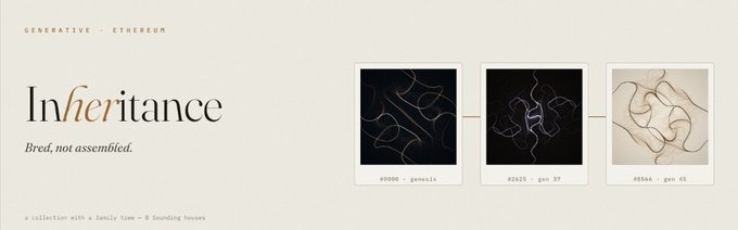Promotional banner for the "Inheritance" generative Ethereum NFT collection, displaying the tagline "Bred, not assembled." and three preview images of token #0000/genosis, #2620/gen 37, and #0564/gen 65, tied to a giveaway offering 10 GTD spots via a wallet comment entry.