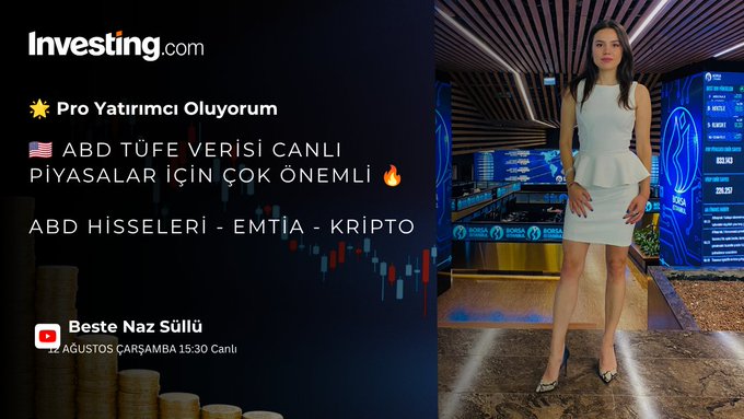 A promotional graphic for an Investing.com livestream features Beste Naz Sülü in a white peplum dress, with overlay text announcing "Pro Yatırımcı Oluyorum," "ABD TÜFE VERİSİ CANLI" (US CPI Data Live), and coverage of "ABD HİSSELERİ - EMTİA - KRİPTO" (US Stocks, Commodities, Crypto) airing on August 12th Wednesday at 15:30, directly tying to the post's focus on today's critical US CPI release and its impact on Nasdaq, gold, the dollar, and Bitcoin.