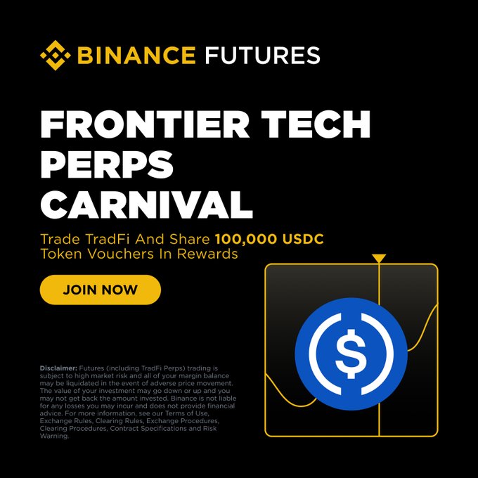 A Binance Futures promotional banner for the "Frontier Tech Perps Carnival" advertising 100,000 USDC token voucher rewards for TradFi trading, featuring the Binance logo, a yellow "JOIN NOW" button, and a USDC coin graphic, which aligns with the post highlighting the TradFi Perps rewards campaign.