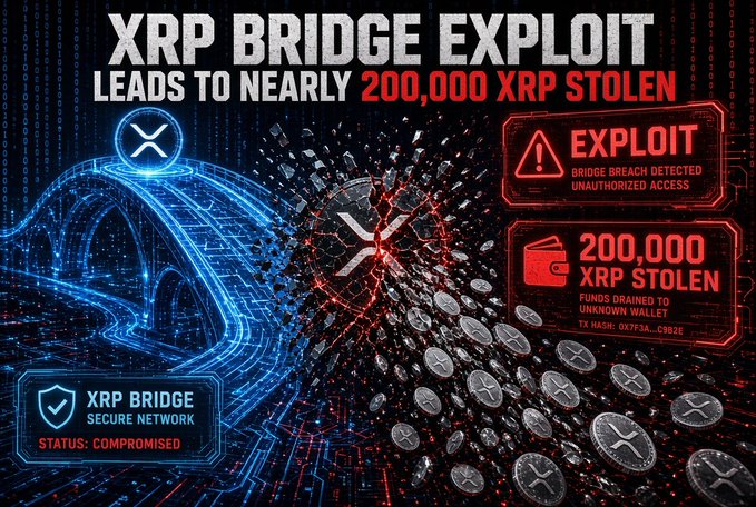 A dramatic graphic titled 'XRP BRIDGE EXPLOIT LEADS TO NEARLY 200,000 XRP STOLEN' showing a broken digital bridge with XRP logos, warning alerts about 'BRIDGE BREACH DETECTED', 'UNAUTHORIZED ACCESS', and TX Hash: 0Xf3A...C90B.