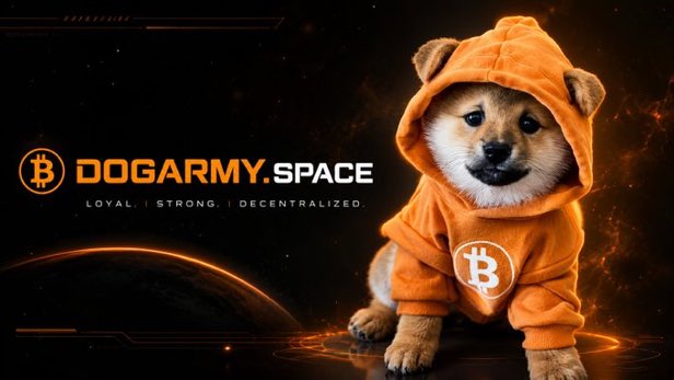 A promotional graphic for 'DOGARMY.SPACE' featuring a Shiba Inu dog wearing an orange hoodie with a Bitcoin logo on it, set against a cosmic space background with the tagline 'LOYAL. | STRONG. | DECENTRALIZED.'