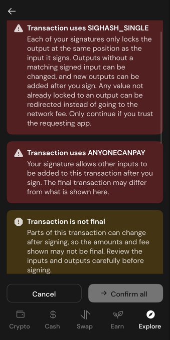 A cryptocurrency wallet app screen displays three warning messages about transaction risks: SIGHASH_SINGLE, ANYONECANPAY, and a notice that the transaction is not final, with Cancel and 'Confirm all' buttons at the bottom.