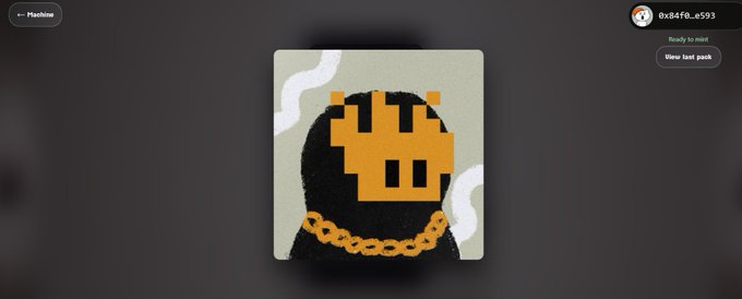 A pixel art illustration of a black, blob-like character with a gold chain and a gold crown or mask, set against a light background within an app interface.