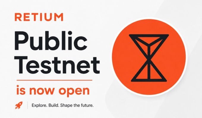 A promotional graphic for 'RETIUM' announcing that their 'Public Testnet is now open' with the tagline 'Explore. Build. Shape the future.'
