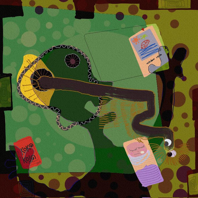 An abstract digital artwork featuring green and brown organic shapes, dotted patterns, and stylized faces with small text elements like 'Koko Koko.'