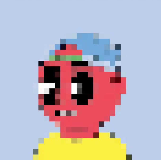 A pixel art illustration depicts a red-skinned character with large black eyes and a blue hat or hair against a light blue background.