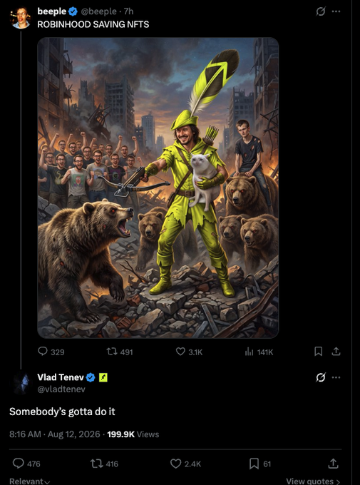 The image shows a Twitter/X post by Beeple (@beeple) featuring his signature AI-generated artwork titled "ROBINHOOD SAVING NFTS," which depicts a hooded figure in yellow carrying a cat and bow amid ruins with bears and onlookers, followed by a quote-tweet reply from Vlad Tenev (@vladtenev) stating "Somebody's gotta do it." The heroic rescuer imagery playfully aligns with the $CASHCAT ticker, portraying Robinhood as a savior figure rescuing the cat/NFT through bearish market wreckage.