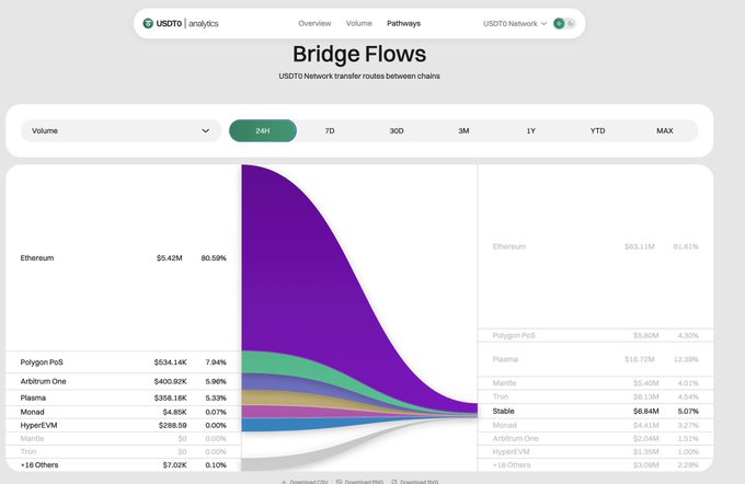A screenshot of a cryptocurrency analytics dashboard showing "USDT | analytics" with a "Bridge Flows" Sankey diagram and volume data for networks including Ethereum ($5.42M, 80.59%), Polygon PoS, and Arbitrum One over a 24H period.