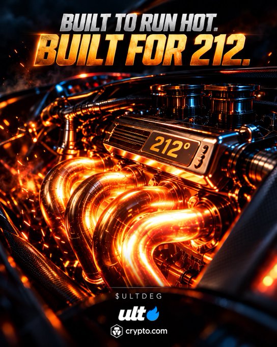 A fiery promotional graphic features glowing orange exhaust pipes with the text 'BUILT TO RUN HOT. BUILT FOR 212.' and '$ULTDEG' along with logos for 'ult' and 'crypto.com'.
