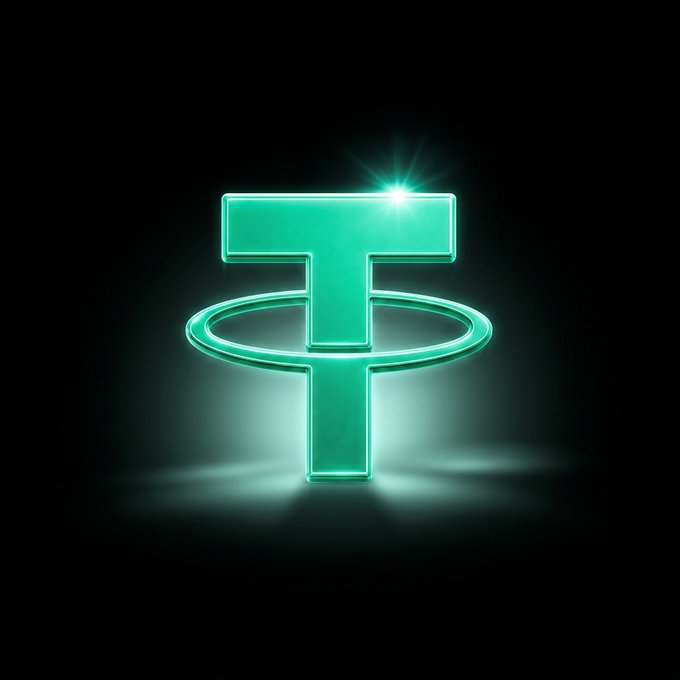 A glowing green Tether (USDT) cryptocurrency logo displayed as a 3D symbol with a bright light flare against a black background.