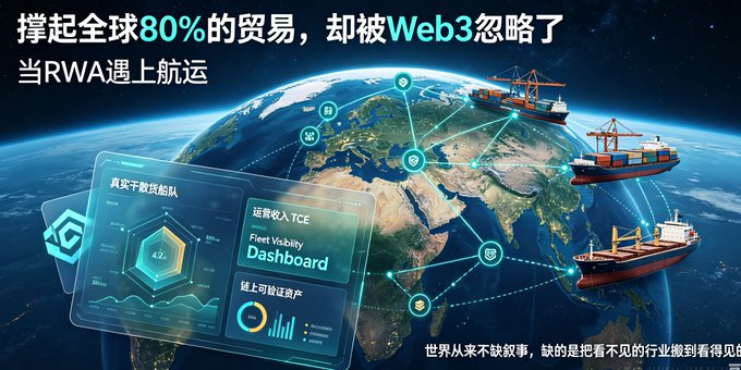 A Chinese marketing graphic about RWA (Real World Assets) in shipping, stating it supports 80% of global trade but is overlooked by Web3, featuring a globe with trade routes and a 'Fleet Visibility Dashboard'.