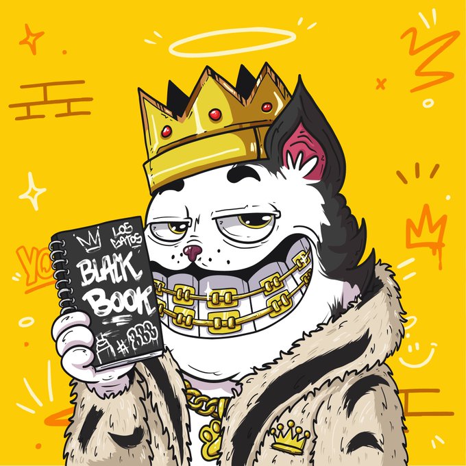The image depicts a cat wearing a crown and holding up an open notebook, with the text "black book" and "I already know the Los Gatos mint prices. WL price is set. Public price is set. But before we reveal them...". The cat appears to be reading or writing something in the notebook, indicating its involvement in the process of learning about or keeping track of the prices for mints at the Los Gatos mint facility.