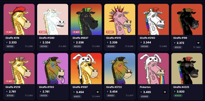 A grid of cartoon-style NFT profile pictures featuring giraffes and a pinkerton character, displaying various numbers and prices like 'Giraffe #216 2.333'.