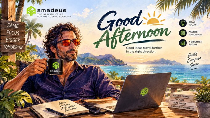 Tropical-themed promotional image for 'amadeus - The Infrastructure for the Agentic Economy' showing a man with sunglasses holding an 'amadeus' mug and laptop on a beach setting. Text includes 'Good Afternoon', 'Good ideas travel further in the right direction', 'Same Focus Bigger Tomorrow', and 'Build Compose Grow', along with topics like 'Agentic Finance', 'Onchain', and 'Real Impact'.