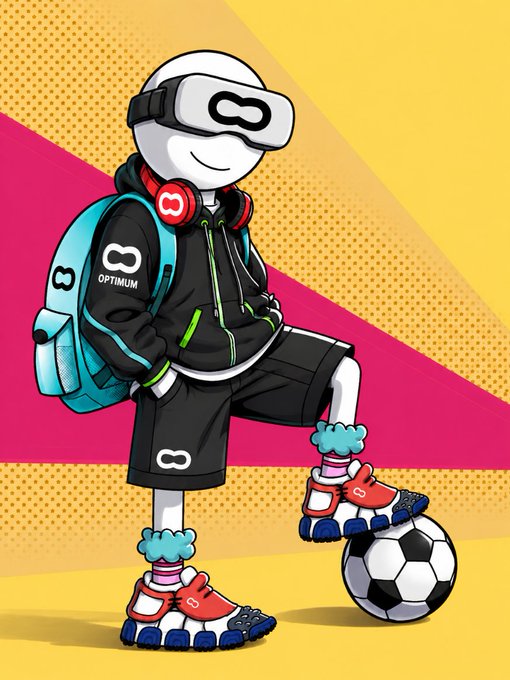 A cartoon character wearing a VR headset, a "MOTINEPPAO" branded hoodie, and a turquoise backpack stands confidently with one foot on a soccer ball. The word "OPTIMUM" appears on the jacket, though it is partially obscured, suggesting a metaphor for how a fair, decentralized network—rather than geographic proximity—should determine optimal rewards and opportunities for participants.