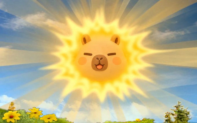 A cute, cartoonish sun with a smiling bear face shines brightly over a field of yellow flowers and a blue sky.