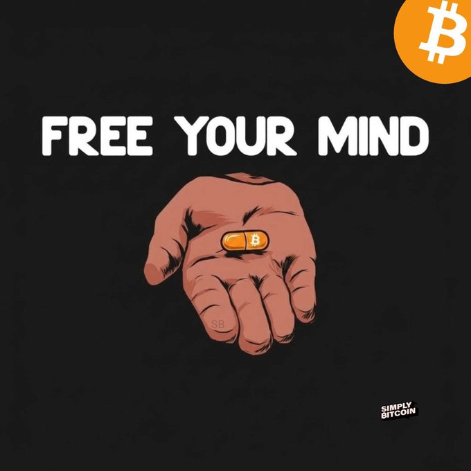 The image features a hand holding an orange pill, with the phrase "Free Your Mind." written above it. Below the pill, there's a small text that reads "Bitcoin", which seems to be related to the concept of digital currency or cryptocurrency. The overall theme of the image is about embracing new ideas and technologies, such as Bitcoin, in order to free oneself from traditional systems and restrictions.