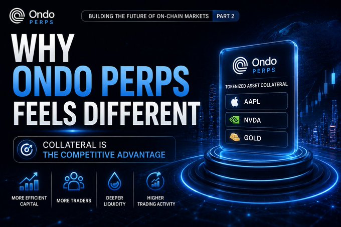 A promotional graphic for 'Ondo PERPS' with the headline 'WHY ONDO PERPS FEELS DIFFERENT,' highlighting tokenized asset collateral like AAPL, NVDA, and GOLD.