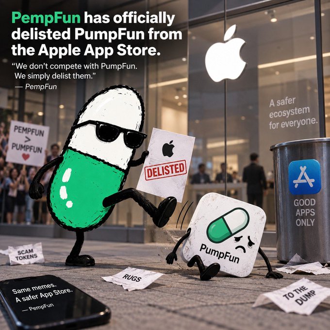 The image is a promotional-style graphic depicting an anthropomorphic green-and-white pill character labeled "PempFun" wearing sunglasses and stomping on a defeated pill mascot labeled "PumpFun," with a "DELISTED" stamp in front of an Apple Store backdrop featuring a "GOOD APPS ONLY" trash can and scattered papers reading "SCAM TOKENS," "RUGS," and "TO THE DUMP." The headline declares "PempFun has officially delisted PumpFun from the Apple App Store," aligning with the bullish stance on $PEMPFUN and bearish outlook on $PUMP by framing PumpFun as a scam being kicked out in favor of a "safer ecosystem."