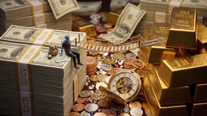 A digital composite featuring a small blue alien figure sitting on stacks of $10,000 cash bands while holding a suspension bridge, surrounded by gold bars (999.9 Fine Gold 1000g), loose coins, and an ornate pocket watch.