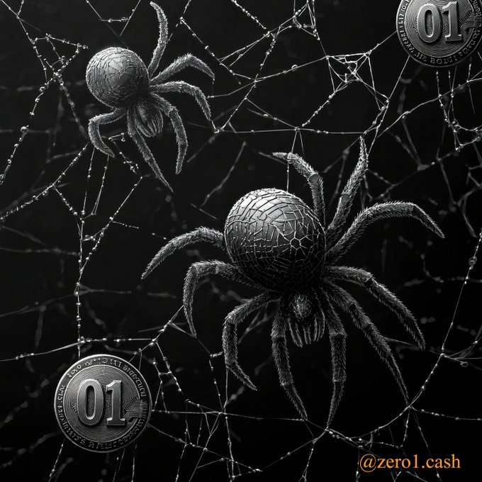A black and white image featuring two detailed spiders on a dewy web, accompanied by coins inscribed with '01' and the text '@zero1.cash'.