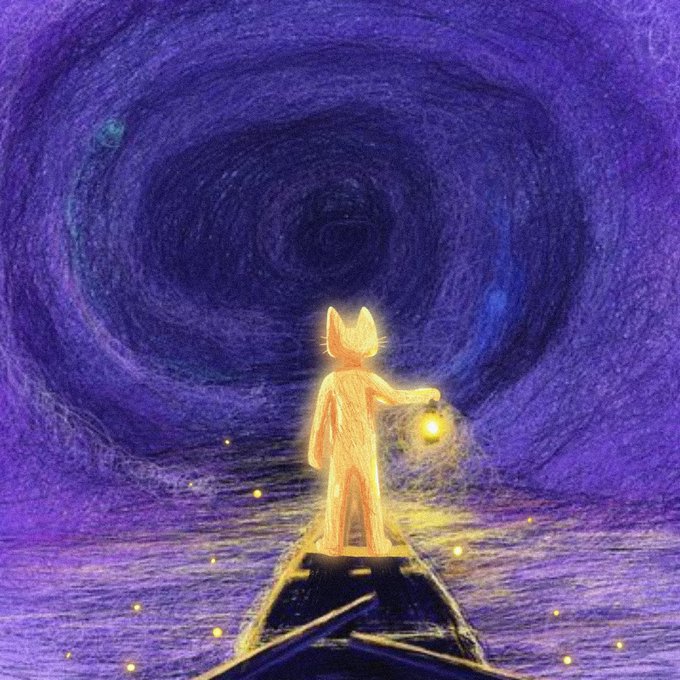 A crayon-style illustration shows an orange cat-like figure holding a glowing yellow lantern, standing on a dark path that leads toward a swirling purple and dark blue vortex.