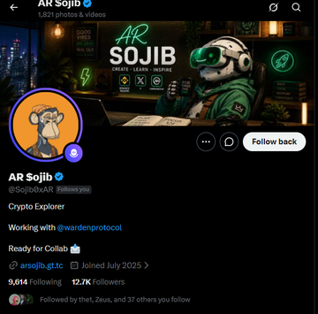 A Twitter/X profile for 'AR Sojib' (@SojibGxAR) with a Bored Ape profile picture, bio listing 'Crypto Explorer' and 'Working with @wardenprotocol', showing 9,614 following and 12.7K followers.