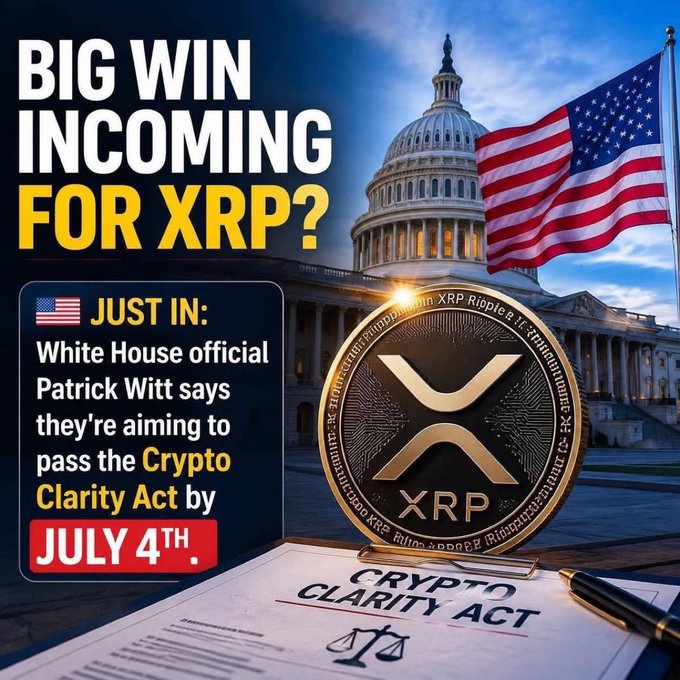 The image features an advertisement with a large coin placed next to a document titled "Crypto Clarity Act by July 4th" written below it. The text suggests that the CoinDesk article about the crypto industry might be related to the Cryptocurrency Act, which could potentially impact the crypto market and its regulations.