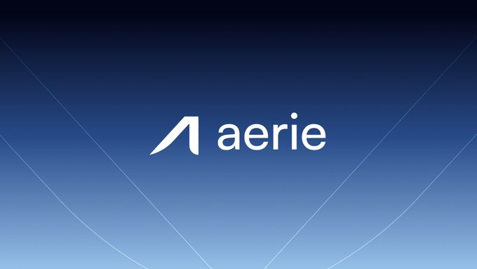 A minimalist logo for the brand 'aerie' is centered in white against a smooth gradient background that transitions from dark blue at the top to light blue at the bottom, with faint geometric lines below.