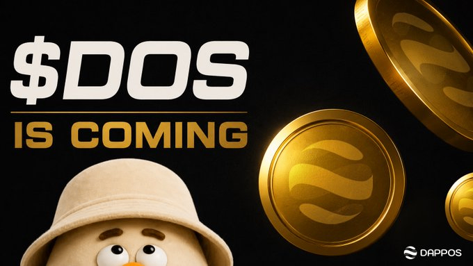 A promotional image with the text '$DOS IS COMING' featuring a cartoon egg character wearing a bucket hat alongside gold coins with the DOS logo, branded with 'DAPPOS'.