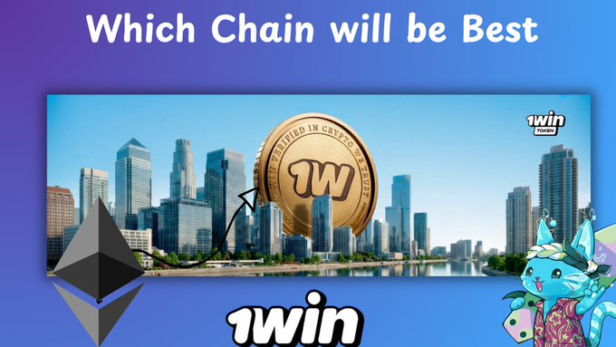 The image shows a promotional graphic titled "Which Chain will be Best" featuring the $1WIN token (labeled "1Win" and "1win token") alongside an Ethereum logo, set against a city skyline backdrop with a cartoon cat mascot. It visually supports the post's argument about $1WIN's potential on Ethereum by emphasizing Ethereum's massive ecosystem and advantages as a blockchain home for the token.